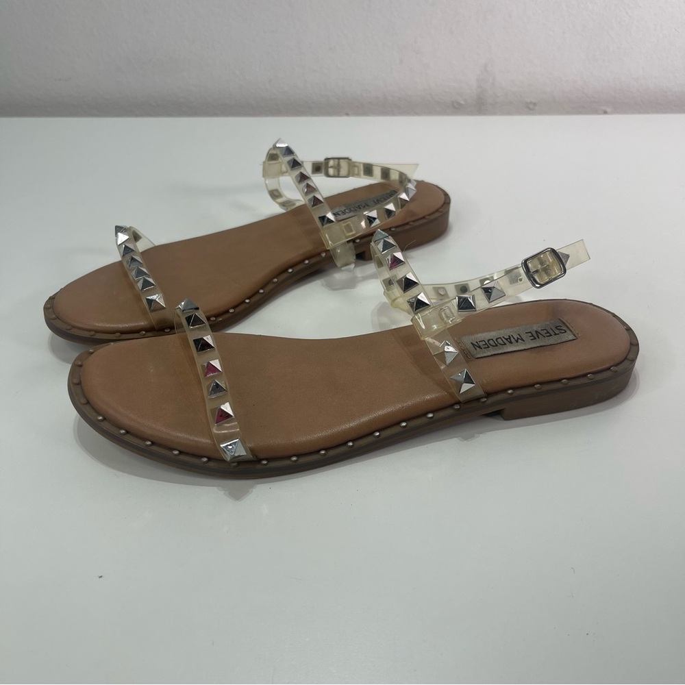Steve Madden  Sandals Women 7.5 Tan Clear Silver Strappy Pyramid Studded Flats